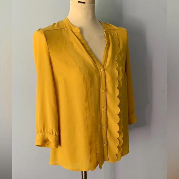 Anthropology meadow rue gold mustard yellow scalloped blouse size 8 button down - Picture 10 of 12